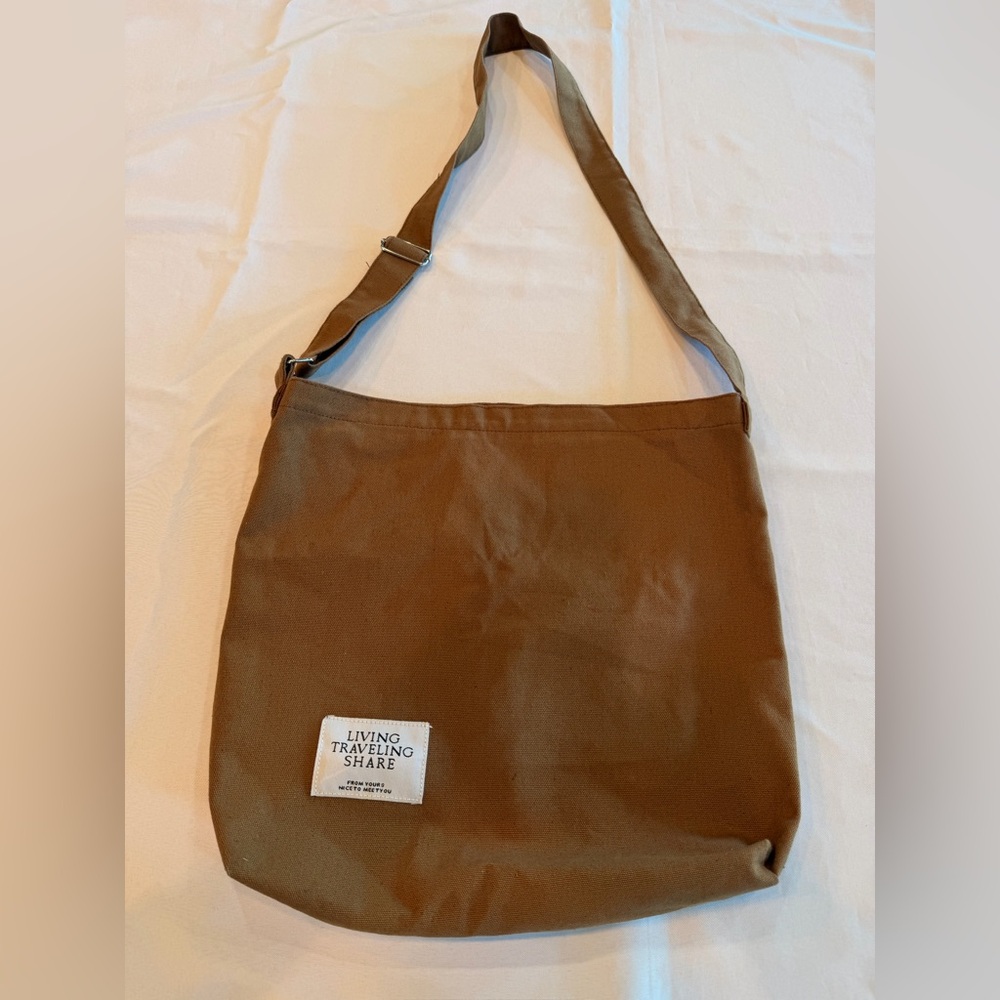 Brown Canvas Hobo-Style Messenger Crossbody Tote Bag with Patch